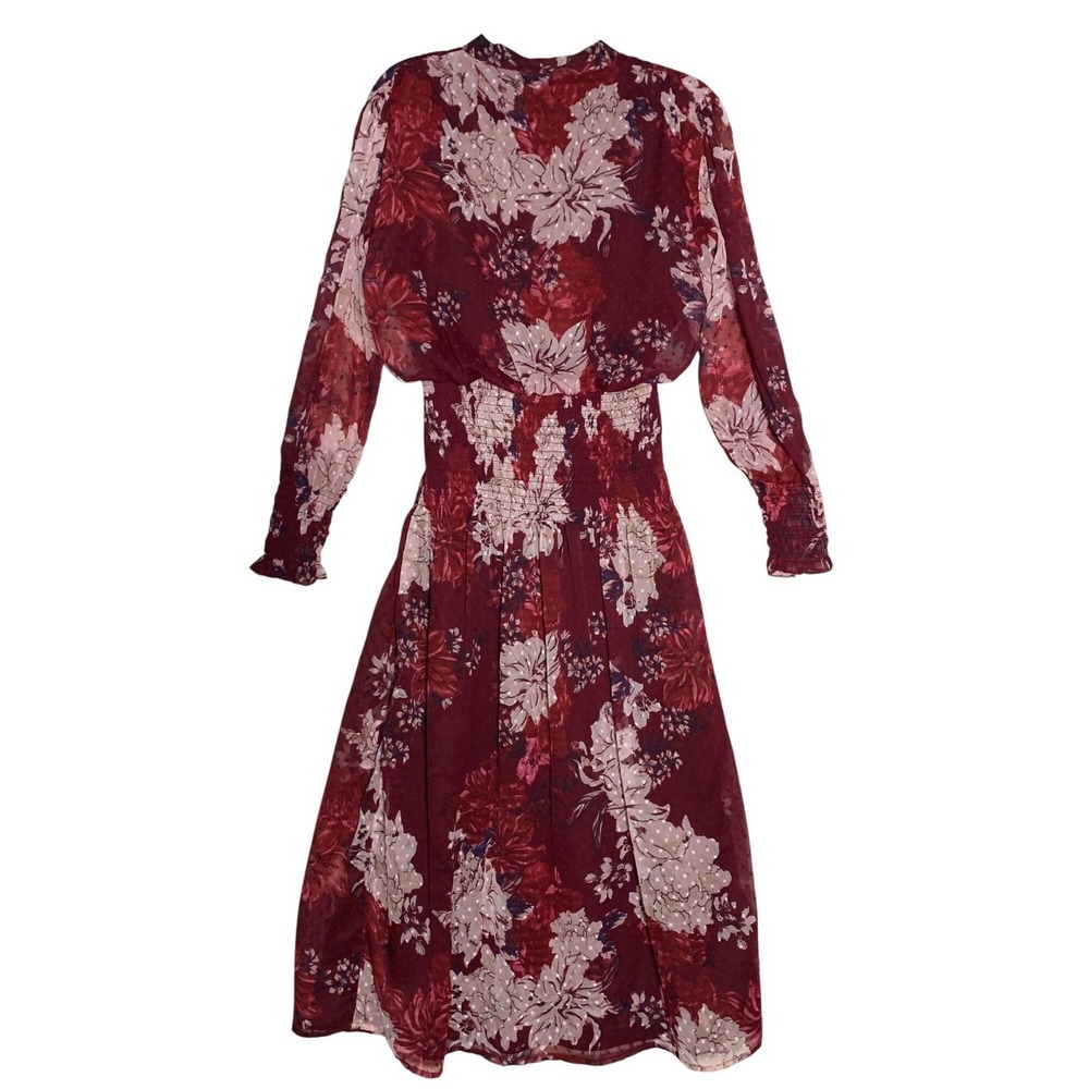 Bishop + Young sz Small Burgundy Floral Long Sleeve Midi Dress Polyester Elegant